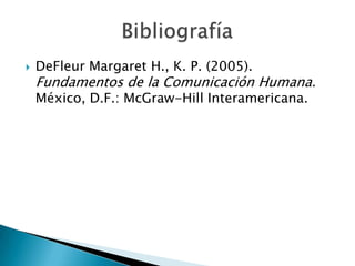    DeFleur Margaret H., K. P. (2005).
    Fundamentos de la Comunicación Humana.
    México, D.F.: McGraw-Hill Interamericana.
 