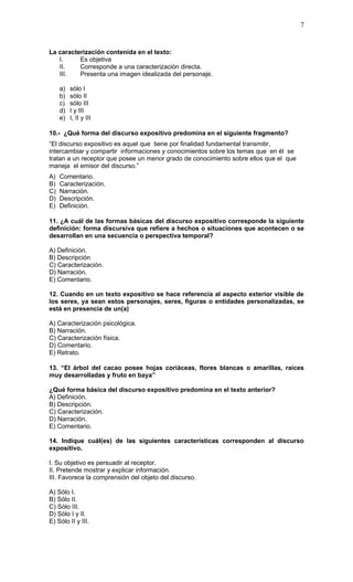 7


La caracterización contenida en el texto:
   I.     Es objetiva
   II.    Corresponde a una caracterización directa.
   III.   Presenta una imagen idealizada del personaje.

     a)   sólo I
     b)   sólo II
     c)   sólo III
     d)   I y III
     e)   I, II y III

10.- ¿Qué forma del discurso expositivo predomina en el siguiente fragmento?
“El discurso expositivo es aquel que tiene por finalidad fundamental transmitir,
intercambiar y compartir informaciones y conocimientos sobre los temas que en él se
tratan a un receptor que posee un menor grado de conocimiento sobre ellos que el que
maneja el emisor del discurso.”
A)   Comentario.
B)   Caracterización.
C)   Narración.
D)   Descripción.
E)   Definición.

11. ¿A cuál de las formas básicas del discurso expositivo corresponde la siguiente
definición: forma discursiva que refiere a hechos o situaciones que acontecen o se
desarrollan en una secuencia o perspectiva temporal?

A) Definición.
B) Descripción
C) Caracterización.
D) Narración.
E) Comentario.

12. Cuando en un texto expositivo se hace referencia al aspecto exterior visible de
los seres, ya sean estos personajes, seres, figuras o entidades personalizadas, se
está en presencia de un(a)

A) Caracterización psicológica.
B) Narración.
C) Caracterización física.
D) Comentario.
E) Retrato.

13. “El árbol del cacao posee hojas coriáceas, flores blancas o amarillas, raíces
muy desarrolladas y fruto en baya”

¿Qué forma básica del discurso expositivo predomina en el texto anterior?
A) Definición.
B) Descripción.
C) Caracterización.
D) Narración.
E) Comentario.

14. Indique cuál(es) de las siguientes características corresponden al discurso
expositivo.

I. Su objetivo es persuadir al receptor.
II. Pretende mostrar y explicar información.
III. Favorece la comprensión del objeto del discurso.

A) Sólo I.
B) Sólo II.
C) Sólo III.
D) Sólo I y II.
E) Sólo II y III.
 
