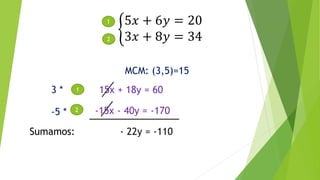 5𝑥 + 6𝑦 = 20
3𝑥 + 8𝑦 = 34
1
2
MCM: (3,5)=15
13 * 15x + 18y = 60
-5 * 2 -15x - 40y = -170
Sumamos: - 22y = -110
 