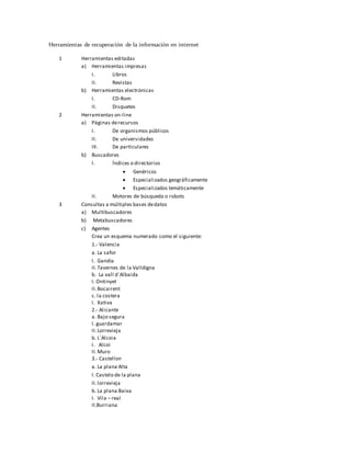 Herramientas de recuperación de la información en internet
1 Herramientas editadas
a) Herramientas impresas
I. Libros
II. Revistas
b) Herramientas electrónicas
I. CD-Rom
II. Disquetes
2 Herramientas on-line
a) Páginas derecursos
I. De organismos públicos
II. De universidades
III. De particulares
b) Buscadores
I. Índices o directorios
 Genéricos
 Especializados geográficamente
 Especializados temáticamente
II. Motores de búsqueda o robots
3 Consultas a múltiples bases dedatos
a) Multibuscadores
b) Metabuscadores
c) Agentes
Crea un esquema numerado como el siguiente:
1.- Valencia
a. La safor
I. Gandía
II.Tavernes de la Valldigna
b. La vall d´Albaida
I. Ontinyet
II.Bocairent
c. la costera
I. Xativa
2.- Alicante
a. Bajo segura
I. guardamar
II.Lorrevieja
b. L´Alcoia
I. Alcoi
II.Muro
3.- Castellon
a. La plana Alta
I. Castelo de la plana
II.lorrevieja
b. La plana Baixa
I. Vila – real
II.Burriana
 