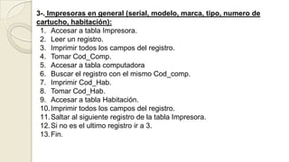 3-. Impresoras en general (serial, modelo, marca, tipo, numero de
cartucho, habitación):
 1. Accesar a tabla Impresora.
 2. Leer un registro.
 3. Imprimir todos los campos del registro.
 4. Tomar Cod_Comp.
 5. Accesar a tabla computadora
 6. Buscar el registro con el mismo Cod_comp.
 7. Imprimir Cod_Hab.
 8. Tomar Cod_Hab.
 9. Accesar a tabla Habitación.
 10. Imprimir todos los campos del registro.
 11. Saltar al siguiente registro de la tabla Impresora.
 12. Si no es el ultimo registro ir a 3.
 13. Fin.
 