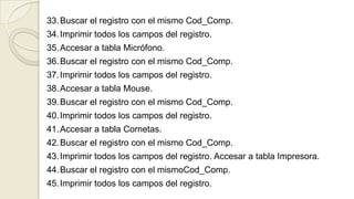 33. Buscar el registro con el mismo Cod_Comp.
34. Imprimir todos los campos del registro.
35. Accesar a tabla Micrófono.
36. Buscar el registro con el mismo Cod_Comp.
37. Imprimir todos los campos del registro.
38. Accesar a tabla Mouse.
39. Buscar el registro con el mismo Cod_Comp.
40. Imprimir todos los campos del registro.
41. Accesar a tabla Cornetas.
42. Buscar el registro con el mismo Cod_Comp.
43. Imprimir todos los campos del registro. Accesar a tabla Impresora.
44. Buscar el registro con el mismoCod_Comp.
45. Imprimir todos los campos del registro.
 