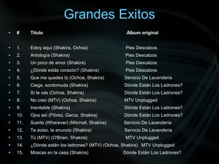 Grandes Exitos
• # Título Álbum original
• 1. Estoy aquí (Shakira, Ochoa) Pies Descalzos
• 2. Antología (Shakira) Pies Descalzos
• 3. Un poco de amor (Shakira) Pies Descalzos
• 4. ¿Dónde estás corazón? (Shakira) Pies Descalzos
• 5. Que me quedes tú (Ochoa, Shakira) Servicio De Lavandería
• 6. Ciega, sordomuda (Shakira) Dónde Están Los Ladrones?
• 7. Si te vas (Ochoa, Shakira) Dónde Están Los Ladrones?
• 8. No creo (MTV) (Ochoa, Shakira) MTV Unplugged
• 9. Inevitable (Shakira) Dónde Están Los Ladrones?
• 10. Ojos así (Flórez, Garza, Shakira) Dónde Están Los Ladrones?
• 11. Suerte (Wherever) (Mitchell, Shakira) Servicio De Lavandería
• 12. Te aviso, te anuncio (Shakira) Servicio De Lavandería
• 13. Tú (MTV) (O'Brien, Shakira) MTV Unplugged
• 14. ¿Dónde están los ladrones? (MTV) (Ochoa, Shakira) MTV Unplugged
• 15. Moscas en la casa (Shakira) Dónde Están Los Ladrones?
 