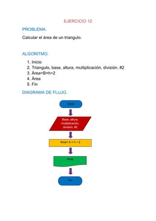 EJERCICIO 12
PROBLEMA.
Calcular el área de un triangulo.


ALGORITMO.
  1. Inicio
  2. Triangulo, base, altura, multiplicación, división, #2
  3. Área=B×h÷2
  4. Área
  5. Fin
DIAGRAMA DE FLUJO.

                          Inicio




                     Base, altura,
                     multiplicación,
                      división, #2




                     Área= b × h ÷ 2




                          Area




                          Fin
 