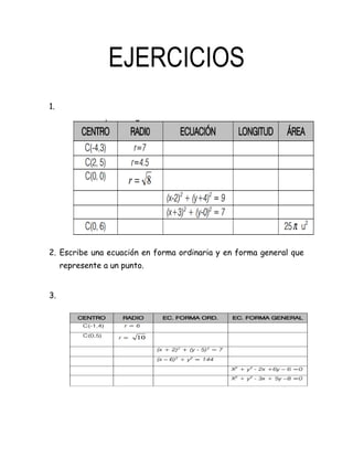 EJERCICIOS
1.
2. Escribe una ecuación en forma ordinaria y en forma general que
represente a un punto.
3.
 
