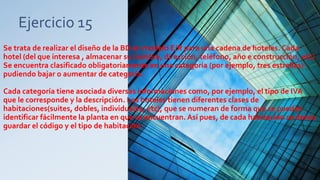Ejercicio 15
Se trata de realizar el diseño de la BD en modelo E/R para una cadena de hoteles. Cada
hotel (del que interesa , almacenar su nombre, dirección, teléfono, año e construcción, etc)
Se encuentra clasificado obligatoriamente en una categoría (por ejemplo, tres estrellas)
pudiendo bajar o aumentar de categoría.
Cada categoría tiene asociada diversas informaciones como, por ejemplo, el tipo de IVA
que le corresponde y la descripción. Los hoteles tienen diferentes clases de
habitaciones(suites, dobles, individuales, etc), que se numeran de forma que se puedan
identificar fácilmente la planta en que se encuentran. Así pues, de cada habitación se desea
guardar el código y el tipo de habitación.
 