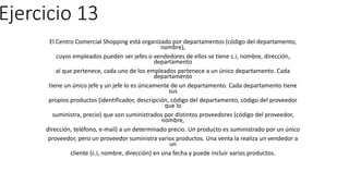 Ejercicio 13
El Centro Comercial Shopping está organizado por departamentos (código del departamento,
nombre),
cuyos empleados pueden ser jefes o vendedores de ellos se tiene c.i, nombre, dirección,
departamento
al que pertenece, cada uno de los empleados pertenece a un único departamento. Cada
departamento
tiene un único jefe y un jefe lo es únicamente de un departamento. Cada departamento tiene
sus
propios productos (identificador, descripción, código del departamento, código del proveedor
que lo
suministra, precio) que son suministrados por distintos proveedores (código del proveedor,
nombre,
dirección, teléfono, e-mail) a un determinado precio. Un producto es suministrado por un único
proveedor, pero un proveedor suministra varios productos. Una venta la realiza un vendedor a
un
cliente (c.i, nombre, dirección) en una fecha y puede incluir varios productos.
 