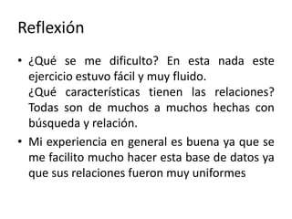 Reflexión
• ¿Qué se me dificulto? En esta nada este
ejercicio estuvo fácil y muy fluido.
¿Qué características tienen las relaciones?
Todas son de muchos a muchos hechas con
búsqueda y relación.
• Mi experiencia en general es buena ya que se
me facilito mucho hacer esta base de datos ya
que sus relaciones fueron muy uniformes
 