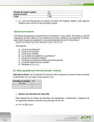 Grasas de origen vegetal                    6
 Aceite de oliva                             13
 Total                                       157

        La suma de frecuencias es superior al número de hogares, debido a que algunos
        hogares usan más de un tipo de aceite o grasa.



 Ejercicio para resolver.

 Una fábrica de gaseosas proyecta lanzar al mercado un nuevo sabor. Se realiza un test de
 aceptación de dicho sabor en una muestra de 30 niños, utilizando una escala de 10 puntos,
 para medir el grado de aceptación. Los puntos obtenidos de los 30 niños fueron:
   2,6,8,7,4,5,10,6,6,7,6,7,3,8,7,6,8,6,5,4,7,8,5,7,7,6,7,7,2,7.
    Se pregunta:
        A.   ¿Cuál es la población?
        B.   ¿Cuál es la muestra?
        C.   ¿Cuál es la variable?
        D.   ¿La variable es cualitativa o cuantitativa?
        E.   ¿Cuál es la escala de medida?
        F.   Construya una tabla de distribución de frecuencias
        G.   ¿Cuántas clases tiene la variable?
        H.   Interprete , , ,


2.2 Datos agrupados por intervalo (Variable continua)

Intervalo de Clase: Es el conjunto de números entre 2 extremos el menor número se llama
Limite Inferior (Li) y el mayor Limite superior ( Ls)

Variable en estudio       ni
       Li – Ls




        Número de intervalos de clase (m)

    Para seleccionar el número de intervalos, los estadísticos recomiendan cualquiera de
    los siguientes criterios, teniendo como principio: 5 m 15

    a) m=1+3.322 Log n



[Escribir texto]
 