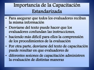 Importancia de la Capacitación
Estandarizada
• Para asegurar que todos los evaluadores reciban
la misma información
• Desviarse del texto puede hacer que los
evaluadores confundan las instrucciones,
• haciendo más difícil para ellos la comprensión
de los procedimientos de la evaluación
• Por otra parte, desviarse del texto de capacitación
puede resultar en que evaluadores de
• diferentes sesiones de capacitación administren
la evaluación de distintas maneras
 