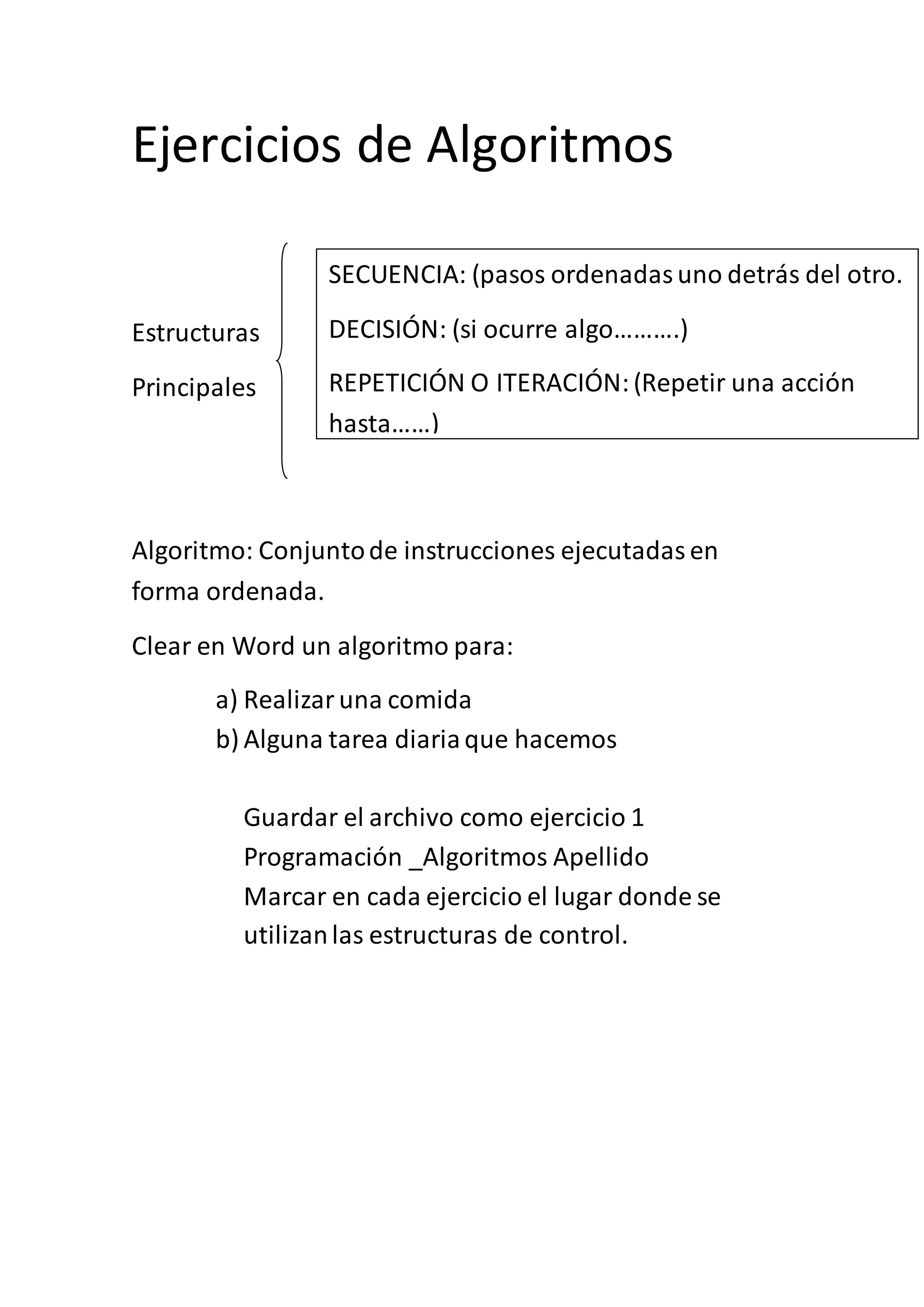 Ejercicios de Algoritmos
Estructuras
Principales
Algoritmo: Conjuntode instrucciones ejecutadas en
forma ordenada.
Clear en Word un algoritmo para:
a) Realizaruna comida
b) Alguna tarea diariaque hacemos
Guardar el archivo como ejercicio 1
Programación _Algoritmos Apellido
Marcar en cada ejercicio el lugar donde se
utilizanlas estructuras de control.
SECUENCIA: (pasos ordenadasuno detrás del otro.
DECISIÓN: (si ocurre algo……….)
REPETICIÓN O ITERACIÓN:(Repetir una acción
hasta……)