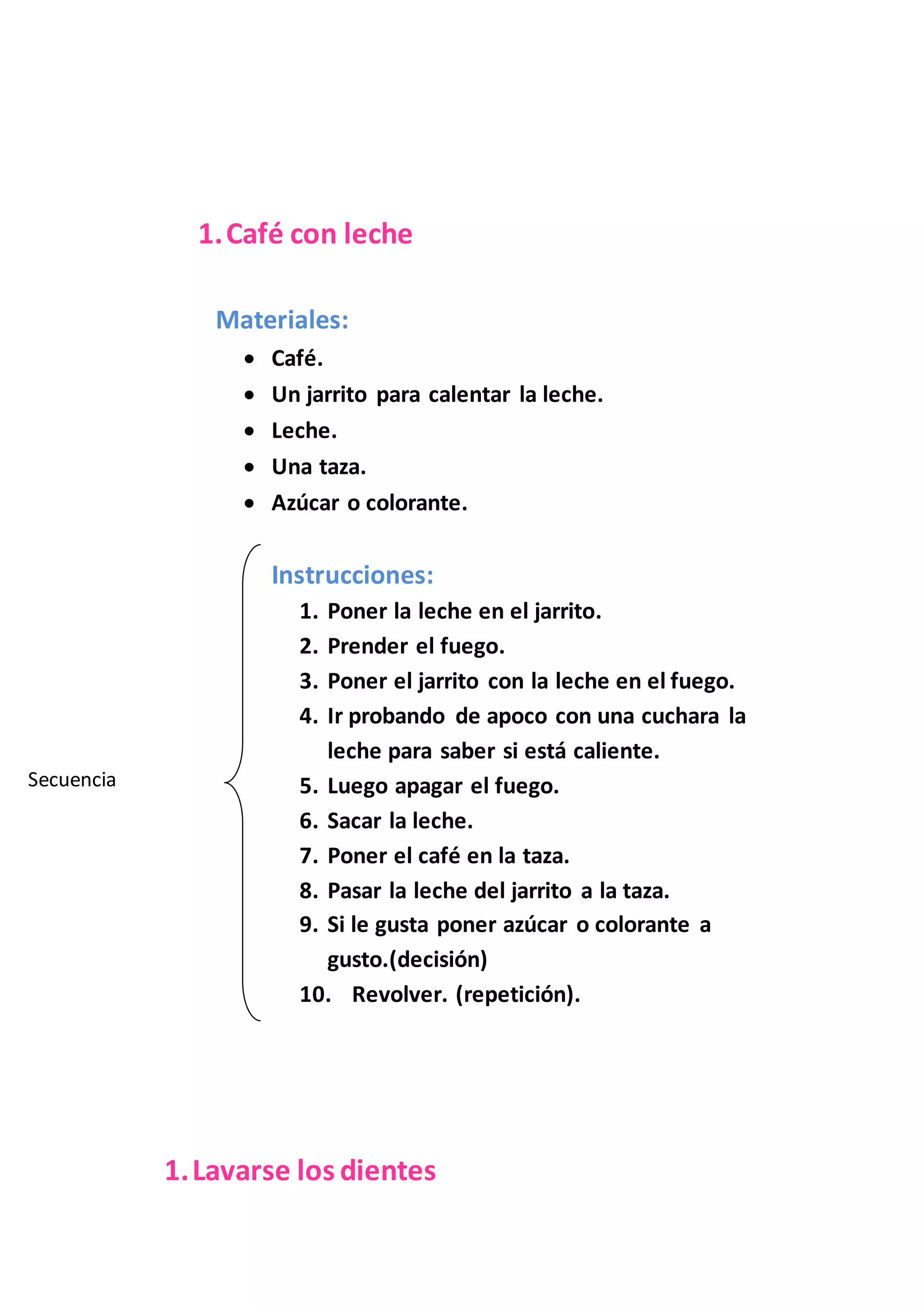 1.Café con leche
Materiales:
Café.
Un jarrito para calentar la leche.
Leche.
Una taza.
Azúcar o colorante.
Instrucciones:
1. Poner la leche en el jarrito.
2. Prender el fuego.
3. Poner el jarrito con la leche en el fuego.
4. Ir probando de apoco con una cuchara la
leche para saber si está caliente.
5. Luego apagar el fuego.
6. Sacar la leche.
7. Poner el café en la taza.
8. Pasar la leche del jarrito a la taza.
9. Si le gusta poner azúcar o colorante a
gusto.(decisión)
10. Revolver. (repetición).
1.Lavarse los dientes
Secuencia