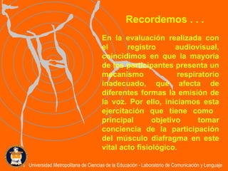 En la evaluación realizada con el registro audiovisual, coincidimos en que la mayoría de los participantes presenta un mecanismo respiratorio inadecuado, que afecta de diferentes formas la emisión de la voz. Por ello, iniciamos esta ejercitación que tiene como  principal objetivo tomar conciencia de la participación del músculo diafragma en este vital acto fisiológico.  Universidad Metropolitana de Ciencias de la Educación - Laboratorio de Comunicación y Lenguaje Recordemos . . . 