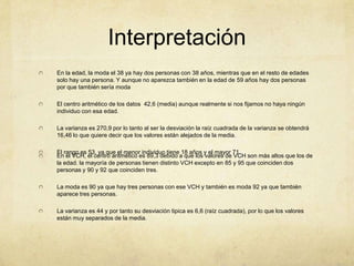 Interpretación
En la edad, la moda el 38 ya hay dos personas con 38 años, mientras que en el resto de edades
solo hay una persona. Y aunque no aparezca también en la edad de 59 años hay dos personas
por que también sería moda
El centro aritmético de los datos 42,6 (media) aunque realmente si nos fijamos no haya ningún
individuo con esa edad.
La varianza es 270,9 por lo tanto al ser la desviación la raíz cuadrada de la varianza se obtendrá
16,46 lo que quiere decir que los valores están alejados de la media.
El rango es 53, ya que el menor individuo tiene 18 años y el mayor 71.
En el VCH, el centro aritmético es 89,3 debido a que los valores de VCH son más altos que los de
la edad. la mayoría de personas tienen distinto VCH excepto en 85 y 95 que coinciden dos
personas y 90 y 92 que coinciden tres.
La moda es 90 ya que hay tres personas con ese VCH y también es moda 92 ya que también
aparece tres personas.
La varianza es 44 y por tanto su desviación tipica es 6,6 (raíz cuadrada), por lo que los valores
están muy separados de la media.
 