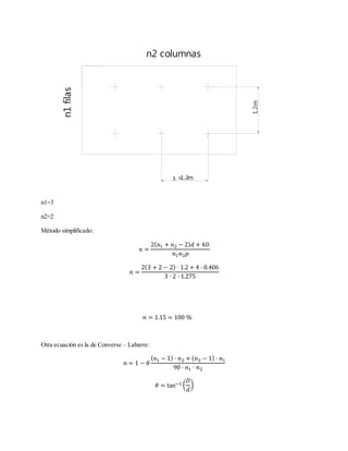 1,2m
m1,2
n1filas
n2 columnas
s =
n1=3
n2=2
Método simplificado:
𝑛 =
2( 𝑛1 + 𝑛2 − 2) 𝑑 + 4𝐷
𝑛1 𝑛2 𝑝
𝑛 =
2(3 + 2 − 2) · 1.2 + 4 · 0.406
3 · 2 · 1.275
𝑛 = 1.15 = 100 %
Otra ecuación es la de Converse – Labarre:
𝑛 = 1 − 𝜃
( 𝑛1 − 1) · 𝑛2 + ( 𝑛2 − 1) · 𝑛1
90 · 𝑛1 · 𝑛2
𝜃 = tan−1 (
𝐷
𝑑
)
 