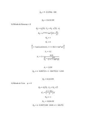 𝑄 𝑝 = 9 · 0.12946 · 100
𝑄 𝑝 = 116.52 𝐾𝑁
b) Método de Hansen𝜑 = 0
𝑄 𝑝 = 𝐴 𝑝( 𝑁𝑐 · 𝐶 𝑢 + 𝑁 𝑞 · 𝑞′) 𝑆𝑐 · 𝑑 𝑐
𝑁 𝑞 = 𝑒 𝜋 tan𝜑 tan2 (45 +
𝜑
2
)
𝑁 𝑞 = 1
𝑁𝑐 = 0
𝐷
𝑙
= 1 𝑝𝑎𝑟𝑎 𝑝𝑖𝑙𝑜𝑡𝑒𝑠𝑆 𝑐 = 1 + (0.2 + tan6 𝜑)
𝐷
𝑙
𝑆 𝑐 = 1.2
𝑑 𝑐 = 1 +
0.35
𝐷
𝐿 𝑏
+
0.6
(1 + 7 · tan4 𝜑)
𝑑 𝑐 = 1.218
𝑄 𝑝 = 𝜋 · 0.2032(0 + 1 · 326.75)1.2 · 1.218
𝑄 𝑝 = 61.64 𝐾𝑁
b) Método de Vesic 𝜑 = 0
𝑄 𝑝 = 𝐴 𝑝( 𝑁𝑐 · 𝐶 𝑢 + 𝑁 𝑞 · 𝑞′)
𝑞′ 𝑜 = (
1 + 2𝐾𝑜
3
) 𝑞′
𝑁 𝑞 ∗= 1
𝑁∗𝑐 = 10.04 𝐾𝑁
𝑄 𝑝 = 𝜋 · 0.2032(100 · 10.04 + 1 · 326.75)
 