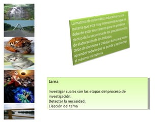 tarea Investigar cuales son las etapas del proceso de investigación. Detectar la necesidad. Elección del tema 