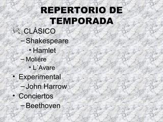 REPERTORIO DE TEMPORADA CLÁSICO Shakespeare Hamlet Moliére L´Avare Experimental John Harrow Conciertos Beethoven