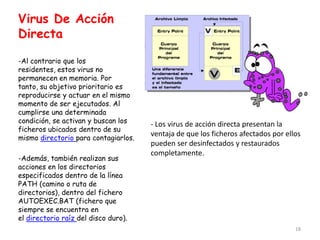Virus De Acción
Directa

-Al contrario que los
residentes, estos virus no
permanecen en memoria. Por
tanto, su objetivo prioritario es
reproducirse y actuar en el mismo
momento de ser ejecutados. Al
cumplirse una determinada
condición, se activan y buscan los    - Los virus de acción directa presentan la
ficheros ubicados dentro de su
                                      ventaja de que los ficheros afectados por ellos
mismo directorio para contagiarlos.
                                      pueden ser desinfectados y restaurados
                                      completamente.
-Además, también realizan sus
acciones en los directorios
especificados dentro de la línea
PATH (camino o ruta de
directorios), dentro del fichero
AUTOEXEC.BAT (fichero que
siempre se encuentra en
el directorio raíz del disco duro).
                                                                                   18
 