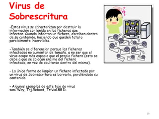 Virus de
Sobrescritura
-Estos virus se caracterizan por destruir la
información contenida en los ficheros que
infectan. Cuando infectan un fichero, escriben dentro
de su contenido, haciendo que queden total o
parcialmente inservibles.

-También se diferencian porque los ficheros
infectados no aumentan de tamaño, a no ser que el
virus ocupe más espacio que el propio fichero (esto se
debe a que se colocan encima del fichero
infectado, en vez de ocultarse dentro del mismo).

- La única forma de limpiar un fichero infectado por
un virus de Sobrescritura es borrarlo, perdiéndose su
contenido.

- Algunos ejemplos de este tipo de virus
son: Way, Trj.Reboot, Trivial.88.D.




                                                         19
 
