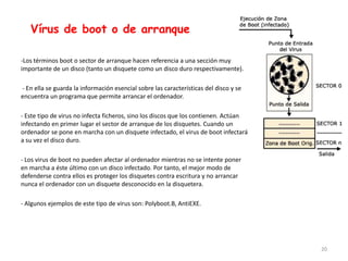Vírus de boot o de arranque

-Los términos boot o sector de arranque hacen referencia a una sección muy
importante de un disco (tanto un disquete como un disco duro respectivamente).

- En ella se guarda la información esencial sobre las características del disco y se
encuentra un programa que permite arrancar el ordenador.

- Este tipo de virus no infecta ficheros, sino los discos que los contienen. Actúan
infectando en primer lugar el sector de arranque de los disquetes. Cuando un
ordenador se pone en marcha con un disquete infectado, el virus de boot infectará
a su vez el disco duro.

- Los virus de boot no pueden afectar al ordenador mientras no se intente poner
en marcha a éste último con un disco infectado. Por tanto, el mejor modo de
defenderse contra ellos es proteger los disquetes contra escritura y no arrancar
nunca el ordenador con un disquete desconocido en la disquetera.

- Algunos ejemplos de este tipo de virus son: Polyboot.B, AntiEXE.




                                                                                       20
 