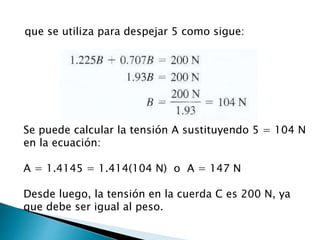 que se utiliza para despejar 5 como sigue:
Se puede calcular la tensión A sustituyendo 5 = 104 N
en la ecuación:
A = 1.4145 = 1.414(104 N) o A = 147 N
Desde luego, la tensión en la cuerda C es 200 N, ya
que debe ser igual al peso.