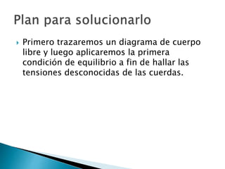  Primero trazaremos un diagrama de cuerpo
libre y luego aplicaremos la primera
condición de equilibrio a fin de hallar las
tensiones desconocidas de las cuerdas.