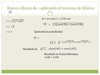 Raíces cúbicas de 1 aplicando el teorema de Möivre
3
1
𝑟 = (1)2+(0)2
∅ = 𝑎𝑟𝑐𝑜𝑡𝑎𝑛 1 = 0.78 𝑟𝑎𝑑
𝑟 = 1
𝑟 = 1
3
1[(cos 0.78) + (𝑖𝑠𝑒𝑛 0.78)]
3
1 =
Ajustando la periodicidad
K= 1
1
1
3
[(cos
0.78+2𝜋
3
)+𝑖 (𝑠𝑒𝑛
0.78+2𝜋
3
)]3
1 =
3
1 = 1 cos 2.87 + 𝑖𝑠𝑒𝑛(2.87)
Resultado en Forma Binómica:
-0.96 + 0.26i
Resultado de
 