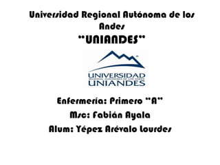 Universidad Regional Autónoma de los
Andes
“UNIANDES”
Enfermería: Primero “A”
Msc: Fabián Ayala
Alum: Yépez Arévalo Lourdes
 