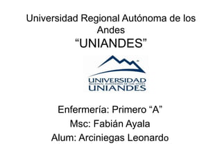Universidad Regional Autónoma de los
Andes
“UNIANDES”
Enfermería: Primero “A”
Msc: Fabián Ayala
Alum: Arciniegas Leonardo
 