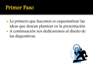 Lo primero que hacemos es esquematizar las
ideas que desean plantear en la presentación.
 A continuación nos dedicaremos al diseño de
las diapositivas.
 