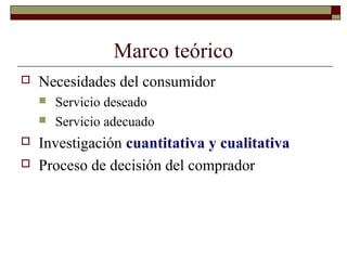 Marco teórico
 Necesidades del consumidor
 Servicio deseado
 Servicio adecuado
 Investigación cuantitativa y cualitativa
 Proceso de decisión del comprador
 
