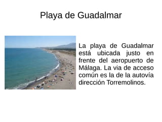 Playa de Guadalmar
La playa de Guadalmar
está ubicada justo en
frente del aeropuerto de
Málaga. La via de acceso
común es la de la autovía
dirección Torremolinos.
 