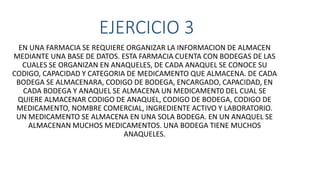EJERCICIO 3
EN UNA FARMACIA SE REQUIERE ORGANIZAR LA INFORMACION DE ALMACEN
MEDIANTE UNA BASE DE DATOS. ESTA FARMACIA CUENTA CON BODEGAS DE LAS
CUALES SE ORGANIZAN EN ANAQUELES, DE CADA ANAQUEL SE CONOCE SU
CODIGO, CAPACIDAD Y CATEGORIA DE MEDICAMENTO QUE ALMACENA. DE CADA
BODEGA SE ALMACENARA, CODIGO DE BODEGA, ENCARGADO, CAPACIDAD, EN
CADA BODEGA Y ANAQUEL SE ALMACENA UN MEDICAMENT0 DEL CUAL SE
QUIERE ALMACENAR CODIGO DE ANAQUEL, CODIGO DE BODEGA, CODIGO DE
MEDICAMENTO, NOMBRE COMERCIAL, INGREDIENTE ACTIVO Y LABORATORIO.
UN MEDICAMENTO SE ALMACENA EN UNA SOLA BODEGA. EN UN ANAQUEL SE
ALMACENAN MUCHOS MEDICAMENTOS. UNA BODEGA TIENE MUCHOS
ANAQUELES.
 
