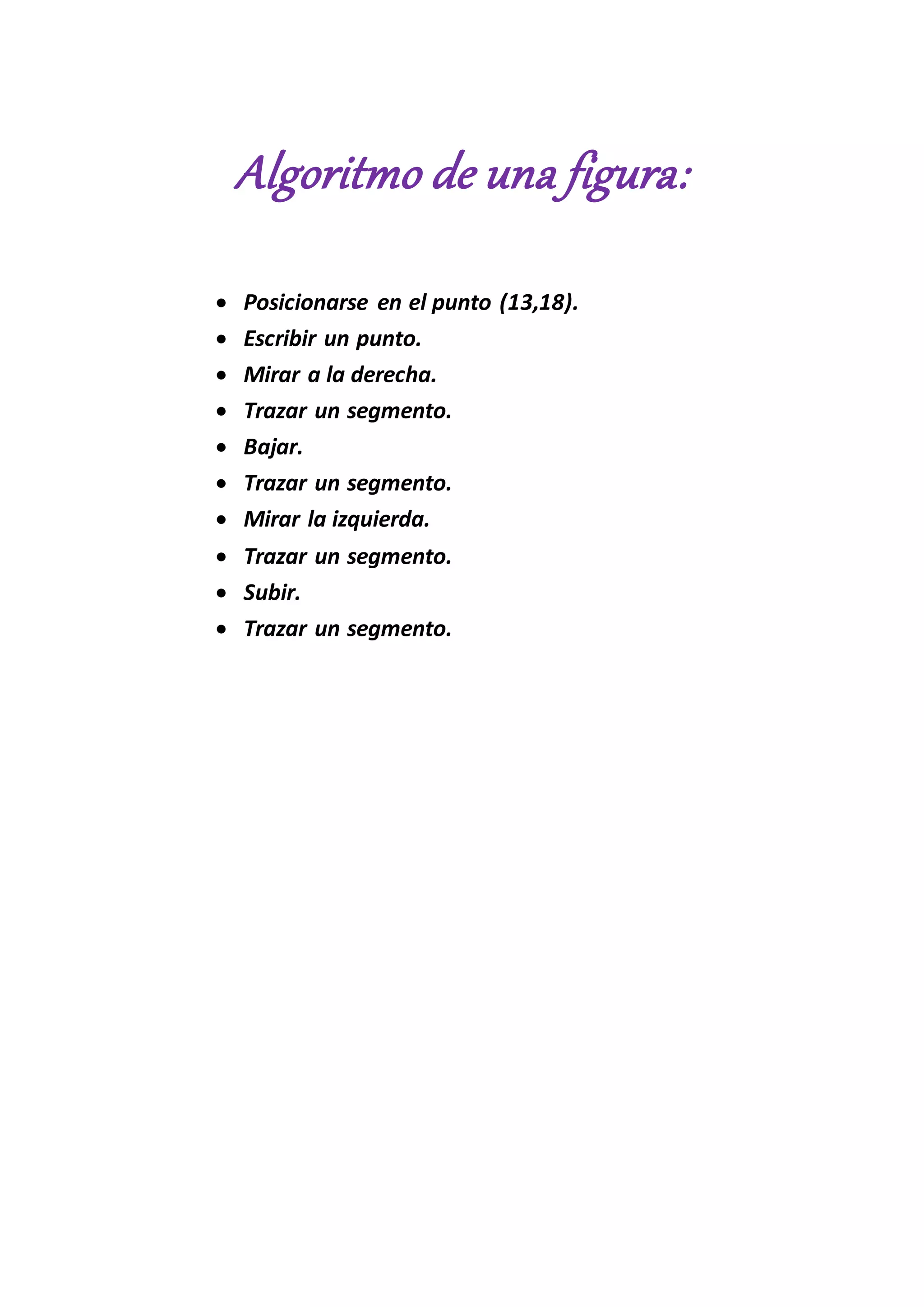 Algoritmo de una figura:
Posicionarse en el punto (13,18).
Escribir un punto.
Mirar a la derecha.
Trazar un segmento.
Bajar.
Trazar un segmento.
Mirar la izquierda.
Trazar un segmento.
Subir.
Trazar un segmento.