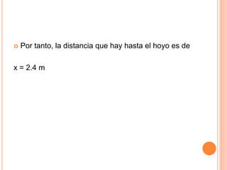  Por tanto, la distancia que hay hasta el hoyo es de
x = 2.4 m
 