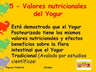 5 - Valores nutricionales del Yogur Está demostrado que el Yogur Pasteurizado tiene los mismos valores nutricionales y efectos beneficios sobre la flora intestinal que el Yogur Tradicional  (Avalado por estudios científicos:  