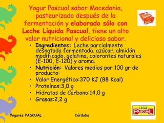 Yogur Pascual sabor Macedonia, pasteurizado después de la fermentación y  elaborado sólo con Leche Líquida Pascual , tiene un alto valor nutricional y delicioso sabor. Ingredientes:  Leche parcialmente desnatada fermentada, azúcar, almidón modificado, gelatina, colorantes naturales (E-100, E-120) y aroma. Nutrición:  Valores medios por 100 gr de producto: Valor Energético:370 KJ (88 Kcal) Proteínas:3,0 g Hidratos de Carbono:14,0 g Grasas:2,2 g 