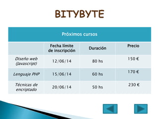 Próximos cursos
Fecha límite
de inscripción
Duración
Precio
Diseño web
(Javascript)
12/06/14 80 hs
150 €
Lenguaje PHP 15/06/14 60 hs
170 €
Técnicas de
encriptado
20/06/14 50 hs
230 €
 
