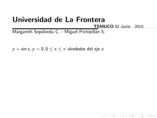 Universidad de La Frontera
                                         TEMUCO 02 Junio 2010
Margareth Sep´lveda C. - Miguel Pichipill´n S.
             u                           a


y = sin x, y = 0, 0 ≤ x ≤ π alrededor del eje x
 