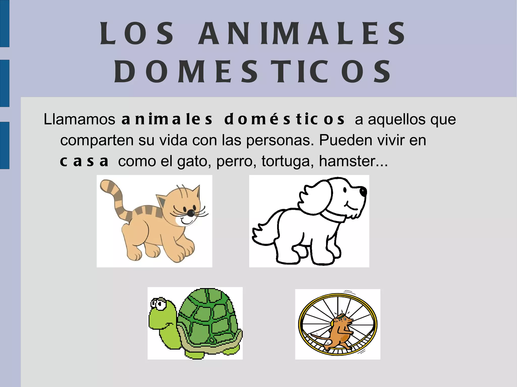 LOS ANIMALES DOMESTICOS Llamamos animales domésticos a aquellos que comparten su vida con las personas. Pueden vivir en casa como el gato, perro, tortuga, hamster...