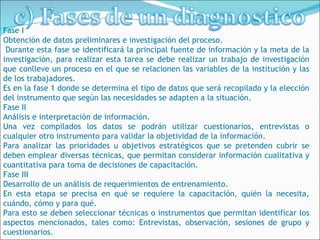 Fase I
Obtención de datos preliminares e investigación del proceso.
 Durante esta fase se identificará la principal fuente de información y la meta de la
investigación, para realizar esta tarea se debe realizar un trabajo de investigación
que conlleve un proceso en el que se relacionen las variables de la institución y las
de los trabajadores.
Es en la fase 1 donde se determina el tipo de datos que será recopilado y la elección
del instrumento que según las necesidades se adapten a la situación.
Fase II
Análisis e interpretación de información.
Una vez compilados los datos se podrán utilizar cuestionarios, entrevistas o
cualquier otro instrumento para validar la objetividad de la información.
Para analizar las prioridades u objetivos estratégicos que se pretenden cubrir se
deben emplear diversas técnicas, que permitan considerar información cualitativa y
cuantitativa para toma de decisiones de capacitación.
Fase III
Desarrollo de un análisis de requerimientos de entrenamiento.
En esta etapa se precisa en qué se requiere la capacitación, quién la necesita,
cuándo, cómo y para qué.
Para esto se deben seleccionar técnicas o instrumentos que permitan identificar los
aspectos mencionados, tales como: Entrevistas, observación, sesiones de grupo y
cuestionarios.
 