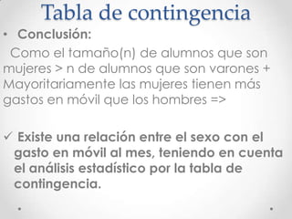 Tabla de contingencia
• Conclusión:
 Como el tamaño(n) de alumnos que son
mujeres > n de alumnos que son varones +
Mayoritariamente las mujeres tienen más
gastos en móvil que los hombres =>

 Existe una relación entre el sexo con el
 gasto en móvil al mes, teniendo en cuenta
 el análisis estadístico por la tabla de
 contingencia.
 