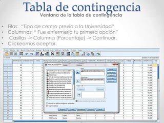 Tabla de contingencia
                Ventana de la tabla de contingencia

• Filas: “Tipo de centro previo a la Universidad”
• Columnas: “ Fue enfermería tu primera opción”
• Casillas -> Columna (Porcentaje) -> Continuar.
• Clickeamos aceptar.
 