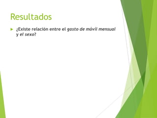 Resultados
   ¿Existe relación entre el gasto de móvil mensual
    y el sexo?
 