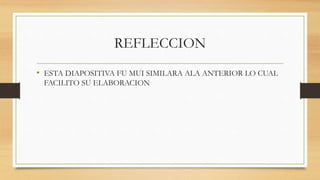 REFLECCION
• ESTA DIAPOSITIVA FU MUI SIMILARA ALA ANTERIOR LO CUAL
FACILITO SU ELABORACION
 
