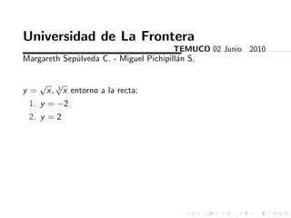 Universidad de La Frontera
                                          TEMUCO 02 Junio 2010
Margareth Sep´lveda C. - Miguel Pichipill´n S.
             u                           a

     √        √
y=       x,   3
                  x entorno a la recta:
 1. y = −2
 2. y = 2
 