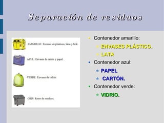 Separación de residuos Contenedor amarillo: ENVASES PLÁSTICO. LATA Contenedor azul: PAPEL CARTÓN. Contenedor verde: VIDRIO. 