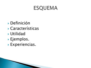  Definición
Características
Utilidad
Ejemplos.
Experiencias.