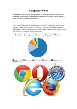 Navegadores Web
Un navegador web (en inglés, web browser) es un software, aplicación o programa que
permite el acceso a la Web, interpretando la información de distintos tipos de archivos y
sitios web para que estos puedan ser vistos.
La funcionalidad básica de un navegador web es permitir la visualización de documentos
de texto, posiblemente con recursos multimedia incrustados. Además, permite visitar
páginas web y hacer actividades en ella, es decir, enlazar un sitio con otro, imprimir, enviar
y recibir correo, entre otras funcionalidades más.
Cuota de uso de navegadores web más conocidos, según StatCounter
Chrome (61,55 %) Edge (15,13 %) Firefox (5,88 %) Opera (4,41 %) Explorer (3,16 %)
Safari (2,2 %)
 